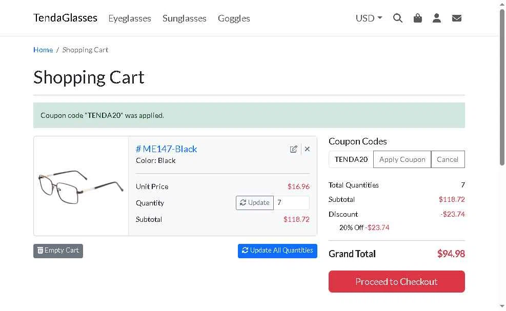 TENDA Glasses checkout page showing TENDA Glasses coupon code box | Screenshot taken by SimplyCodes community member on Jun 9, 2025