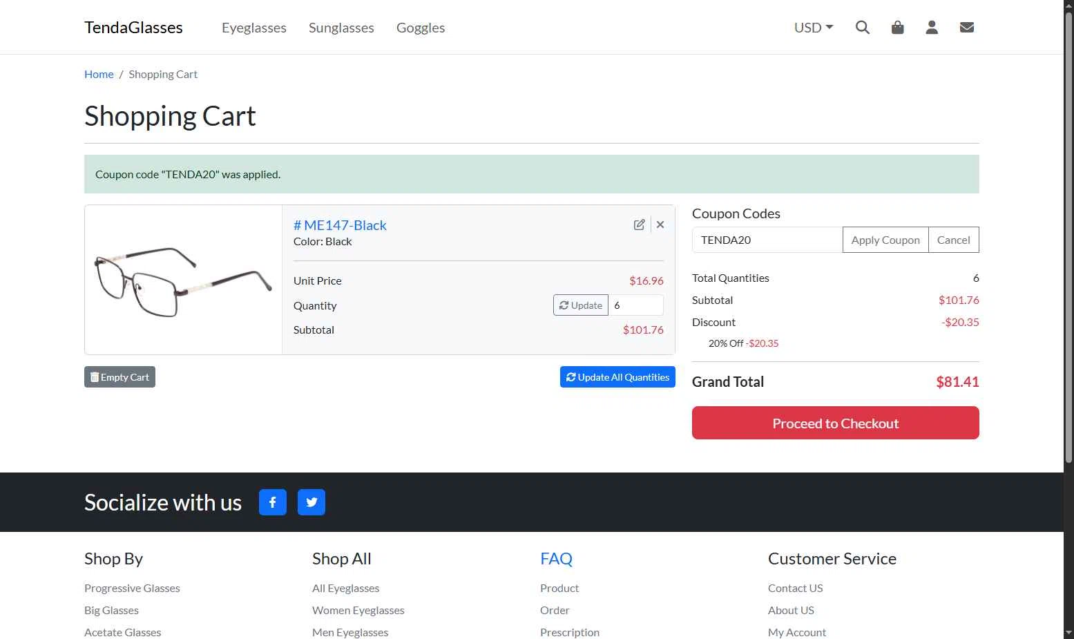 TENDA Glasses checkout page showing TENDA Glasses coupon code box | Screenshot taken by SimplyCodes community member on Jun 9, 2025