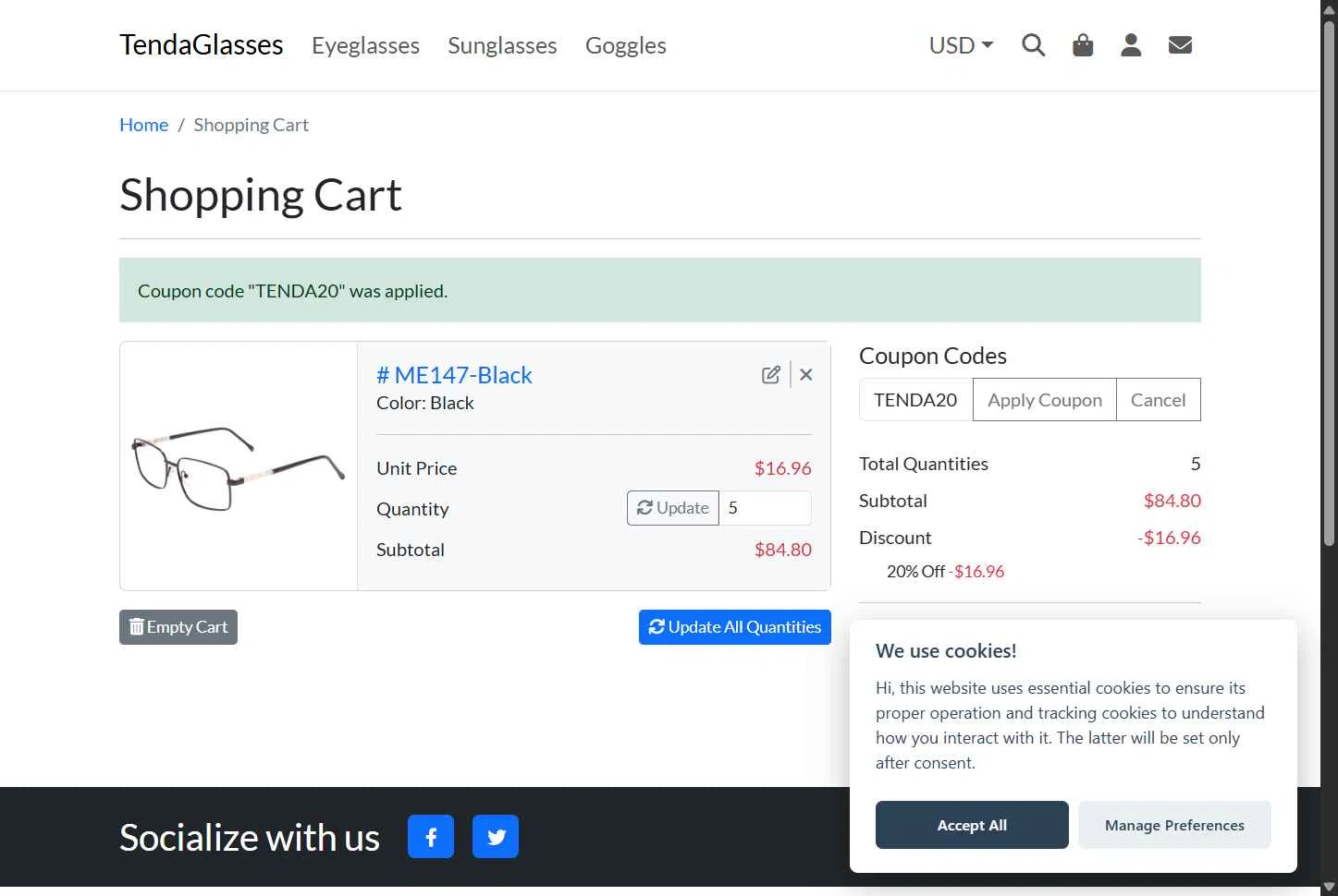 TENDA Glasses checkout page showing TENDA Glasses coupon code box | Screenshot taken by SimplyCodes community member on Jun 9, 2025