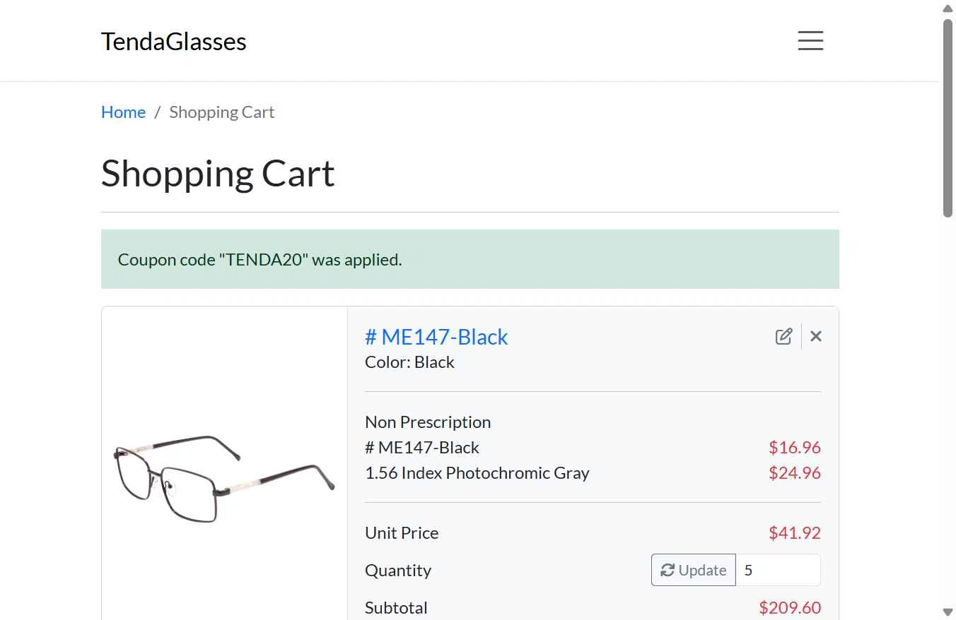 TENDA Glasses checkout page showing TENDA Glasses coupon code box | Screenshot taken by SimplyCodes community member on Jun 9, 2025