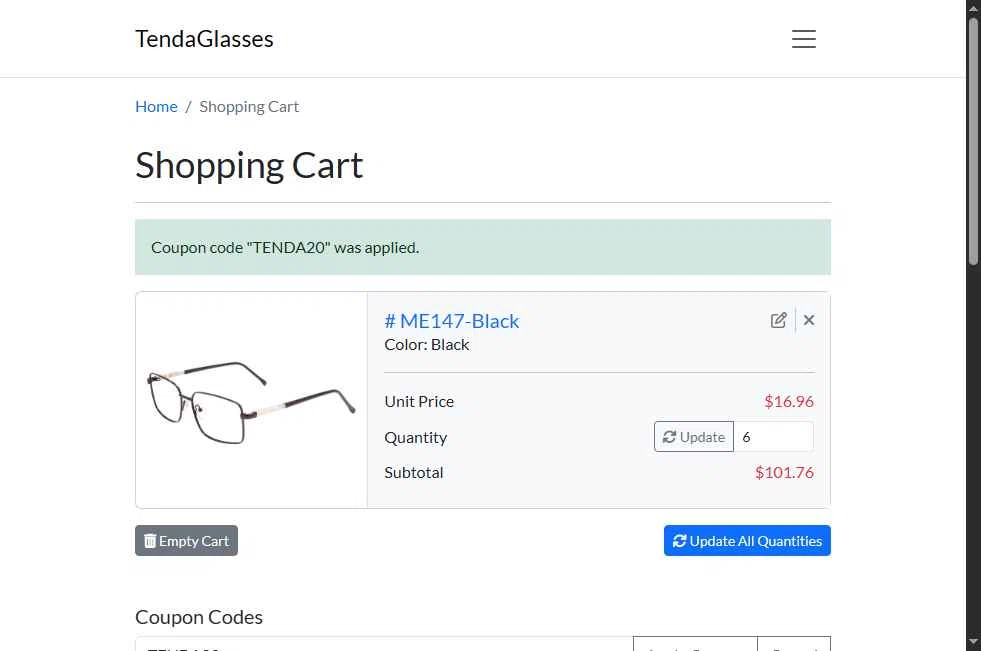 TENDA Glasses checkout page showing TENDA Glasses coupon code box | Screenshot taken by SimplyCodes community member on Jun 8, 2025