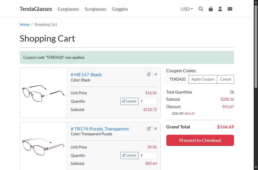 TENDA Glasses checkout page showing TENDA Glasses coupon code box | Screenshot taken by SimplyCodes community member on Jul 18, 2025
