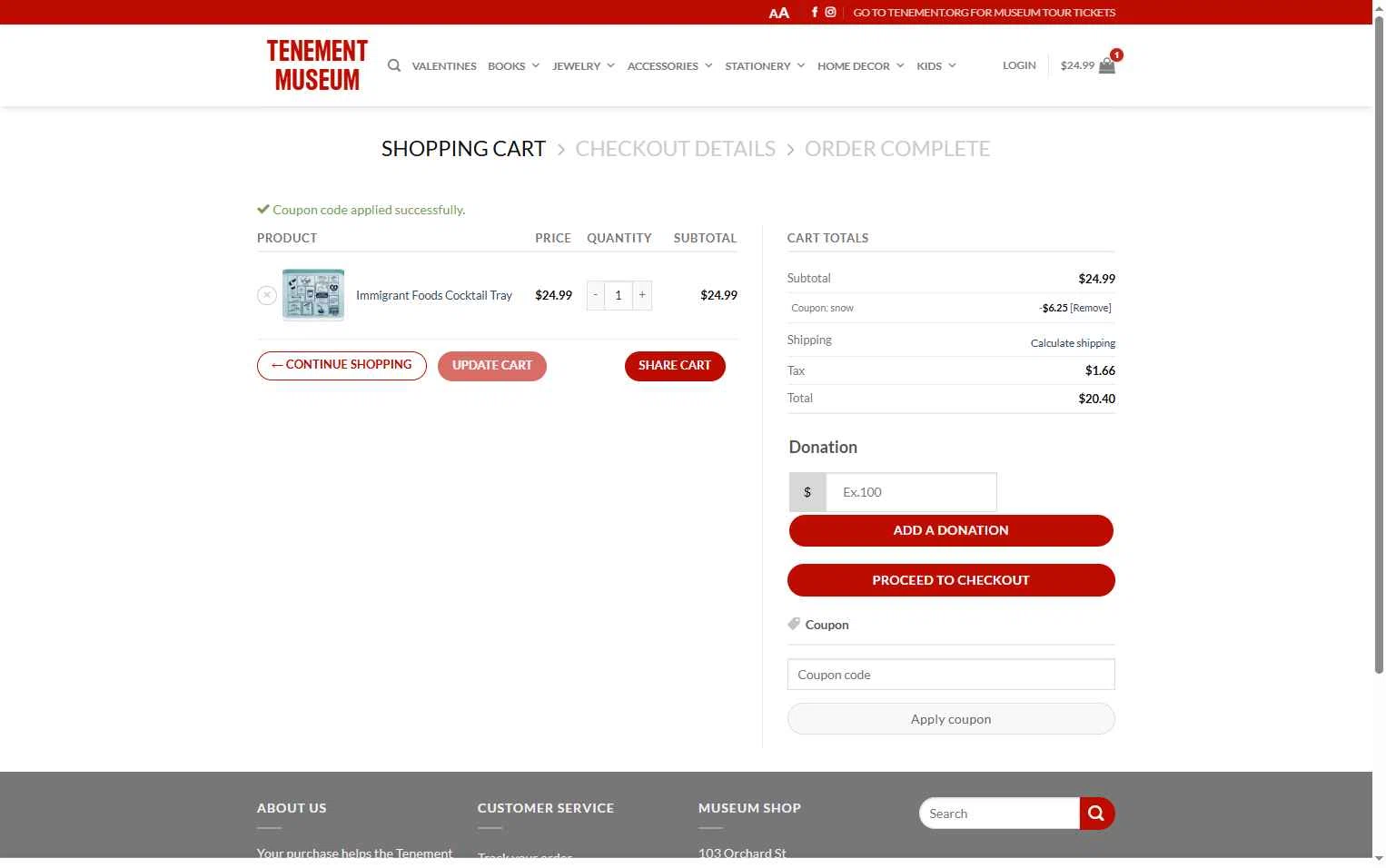 Tenement Museum checkout page showing Tenement Museum promo code box | Screenshot taken by SimplyCodes community member on Jan 5, 2026