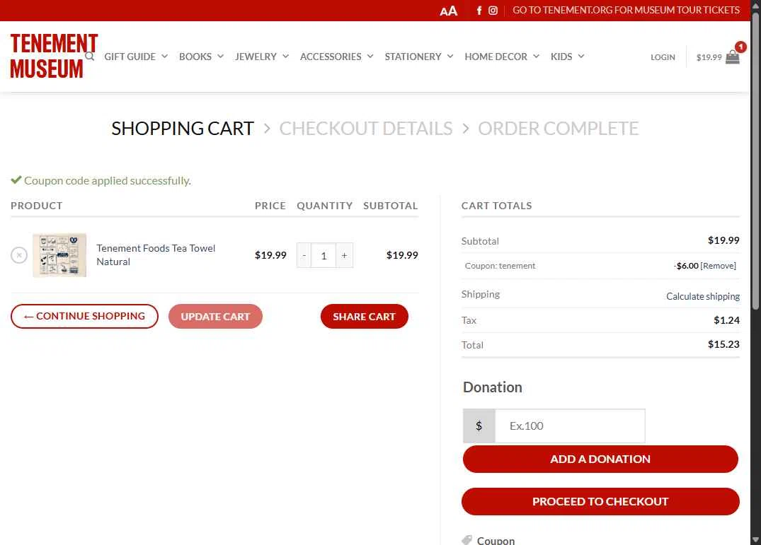 Tenement Museum checkout page showing Tenement Museum promo code box | Screenshot taken by SimplyCodes community member on Nov 20, 2025