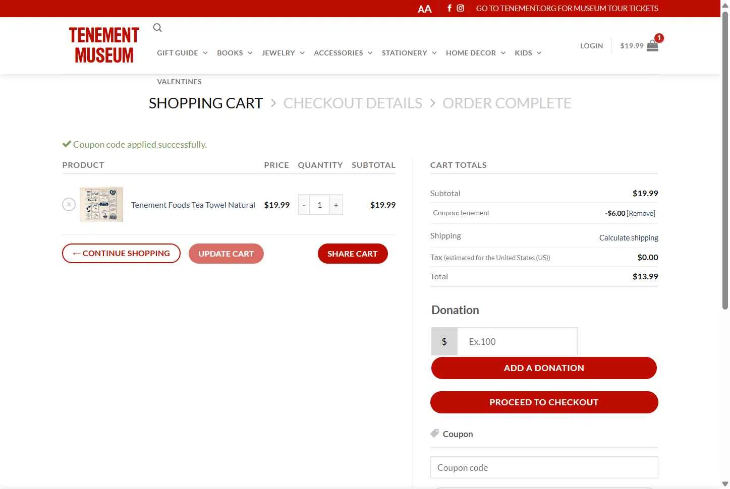 Tenement Museum checkout page showing Tenement Museum promo code box | Screenshot taken by SimplyCodes community member on Dec 17, 2025