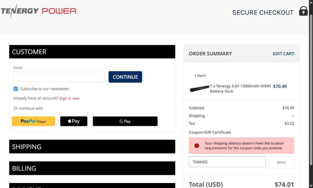 Tenergy checkout page showing Tenergy coupon code box | Screenshot taken by SimplyCodes community member on Jul 16, 2025