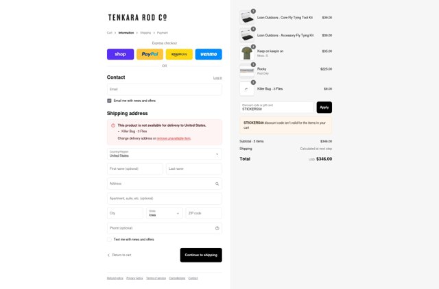 Tenkara Rod Co. checkout page showing Tenkara Rod Co. discount code box | Screenshot taken by SimplyCodes community member on Sep 5, 2025