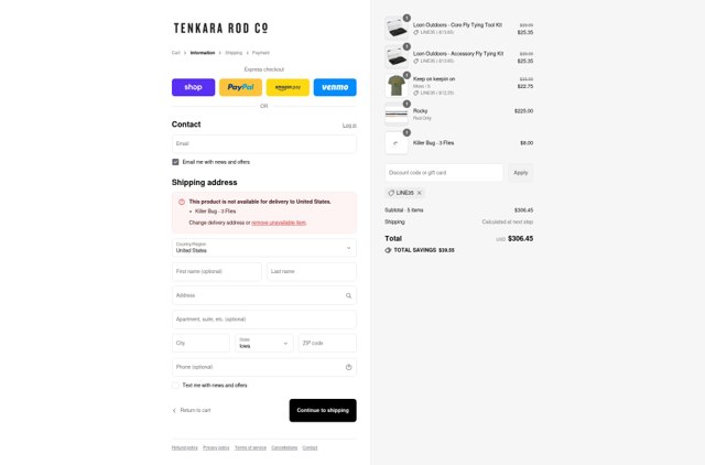 Tenkara Rod Co. checkout page showing Tenkara Rod Co. discount code box | Screenshot taken by SimplyCodes community member on Sep 5, 2025
