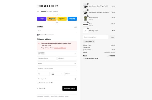 Tenkara Rod Co. checkout page showing Tenkara Rod Co. discount code box | Screenshot taken by SimplyCodes community member on Sep 5, 2025