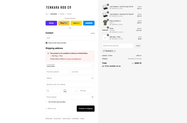 Tenkara Rod Co. checkout page showing Tenkara Rod Co. discount code box | Screenshot taken by SimplyCodes community member on Sep 5, 2025