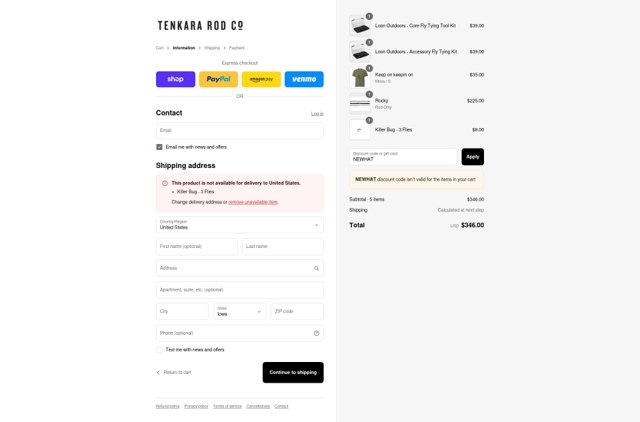 Tenkara Rod Co. checkout page showing Tenkara Rod Co. discount code box | Screenshot taken by SimplyCodes community member on Sep 5, 2025