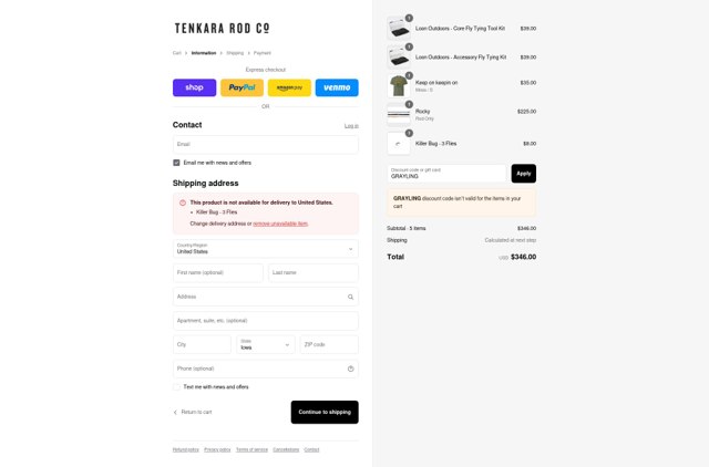 Tenkara Rod Co. checkout page showing Tenkara Rod Co. discount code box | Screenshot taken by SimplyCodes community member on Sep 5, 2025