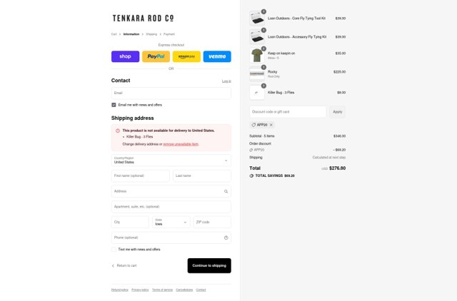 Tenkara Rod Co. checkout page showing Tenkara Rod Co. discount code box | Screenshot taken by SimplyCodes community member on Sep 5, 2025