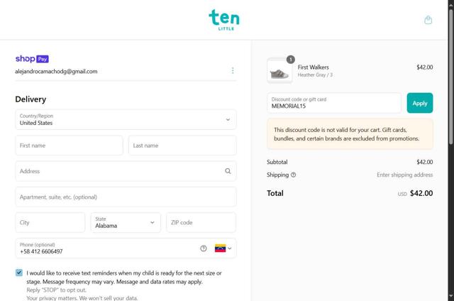 Ten Little checkout page showing Ten Little discount code box | Screenshot taken by SimplyCodes community member on Jun 1, 2025