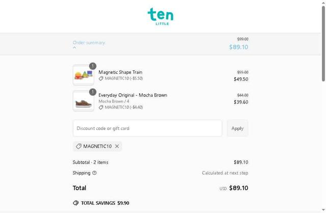 Ten Little checkout page showing Ten Little discount code box | Screenshot taken by SimplyCodes community member on Apr 30, 2025