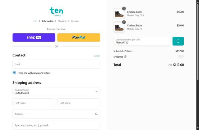 Ten Little checkout page showing Ten Little discount code box | Screenshot taken by SimplyCodes community member on Jul 26, 2025