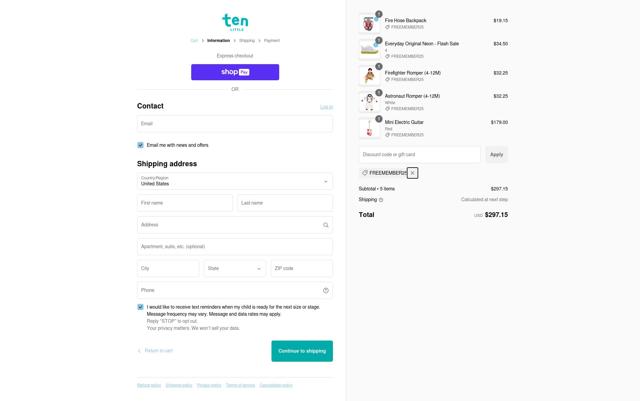 Ten Little checkout page showing Ten Little discount code box | Screenshot taken by SimplyCodes community member on Dec 30, 2024