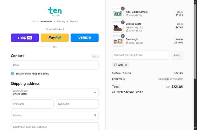 Ten Little checkout page showing Ten Little discount code box | Screenshot taken by SimplyCodes community member on Aug 26, 2025