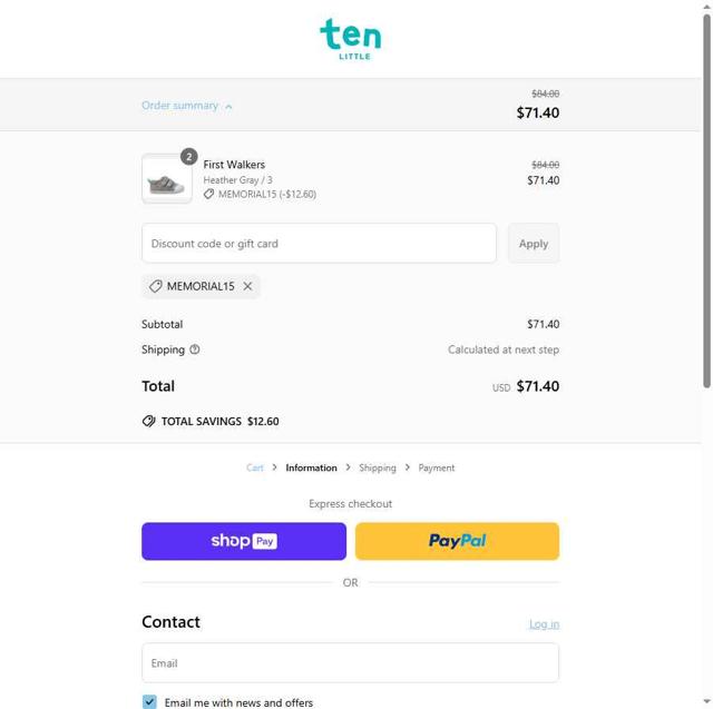 Ten Little checkout page showing Ten Little discount code box | Screenshot taken by SimplyCodes community member on May 24, 2025