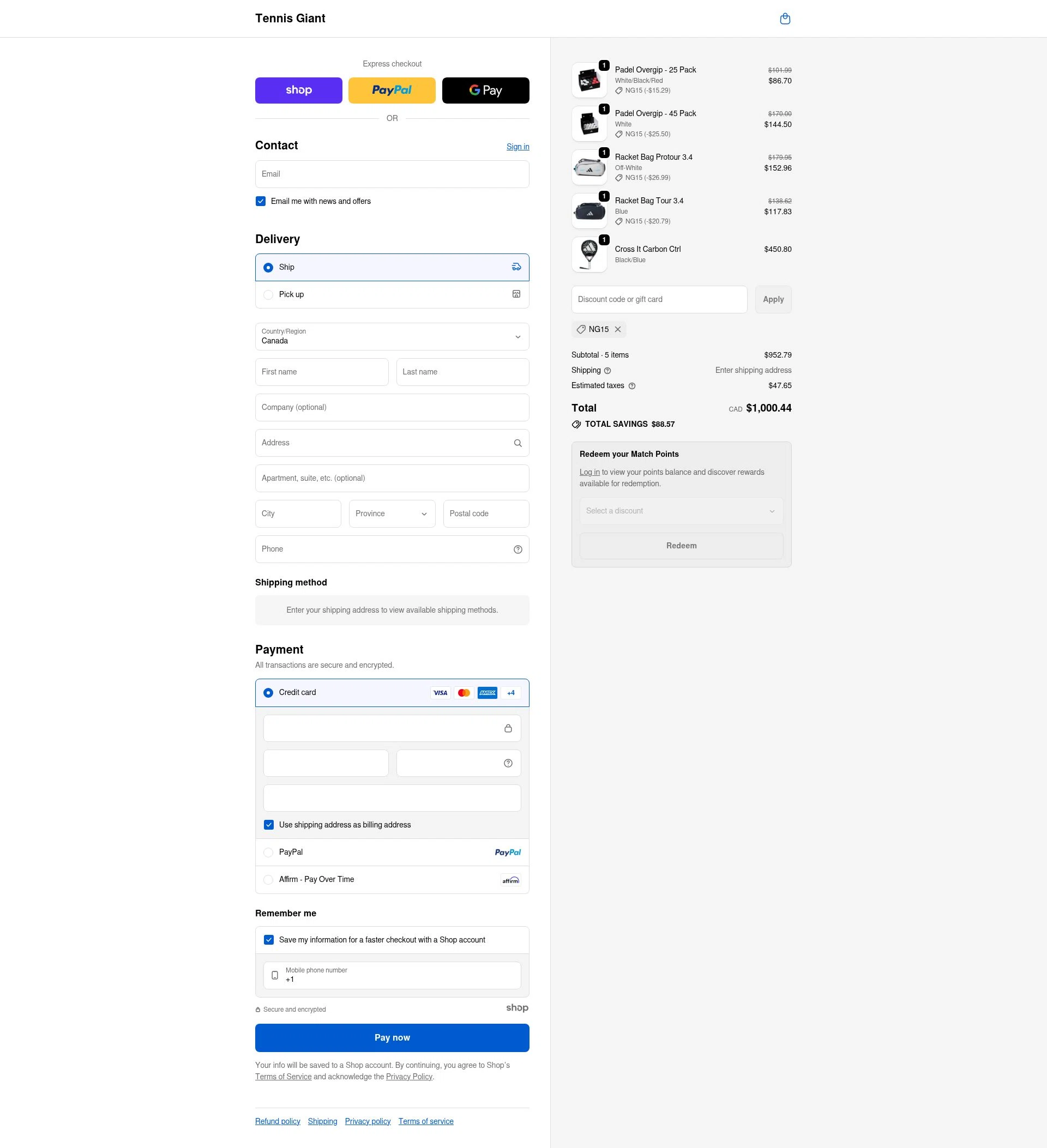 Tennis Giant checkout page showing Tennis Giant discount code box | Screenshot taken by SimplyCodes community member on Nov 17, 2025