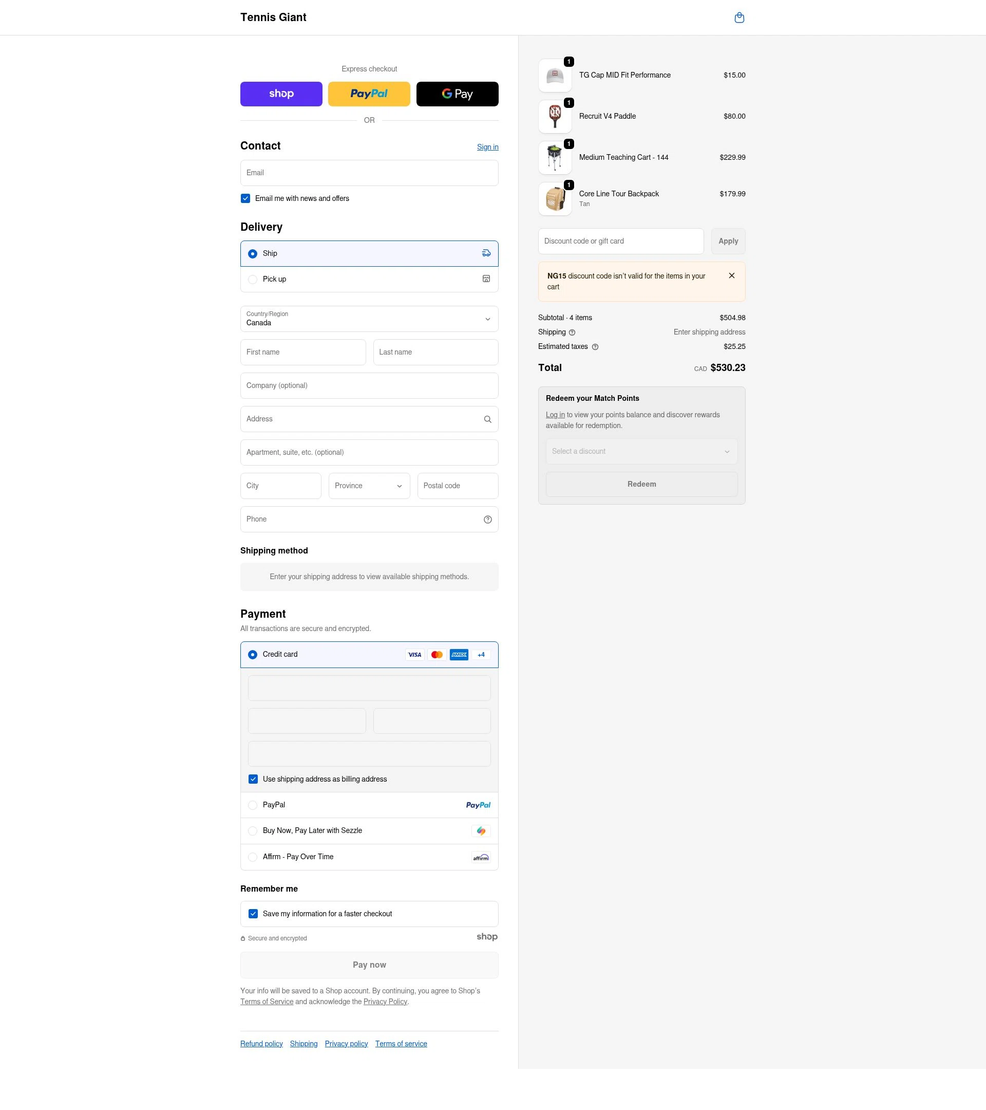 Tennis Giant checkout page showing Tennis Giant discount code box | Screenshot taken by SimplyCodes community member on Dec 21, 2025