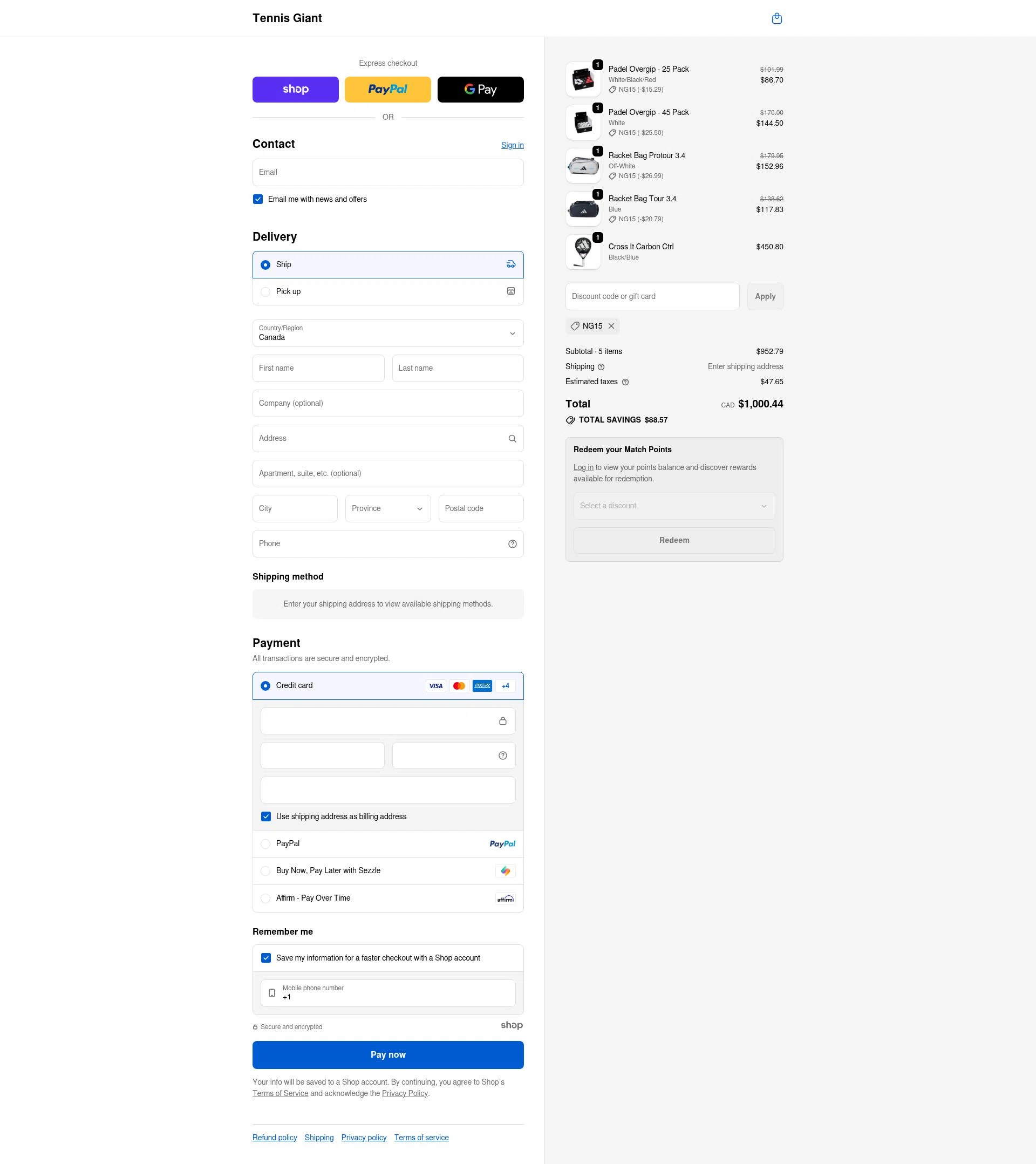 Tennis Giant checkout page showing Tennis Giant discount code box | Screenshot taken by SimplyCodes community member on Nov 22, 2025