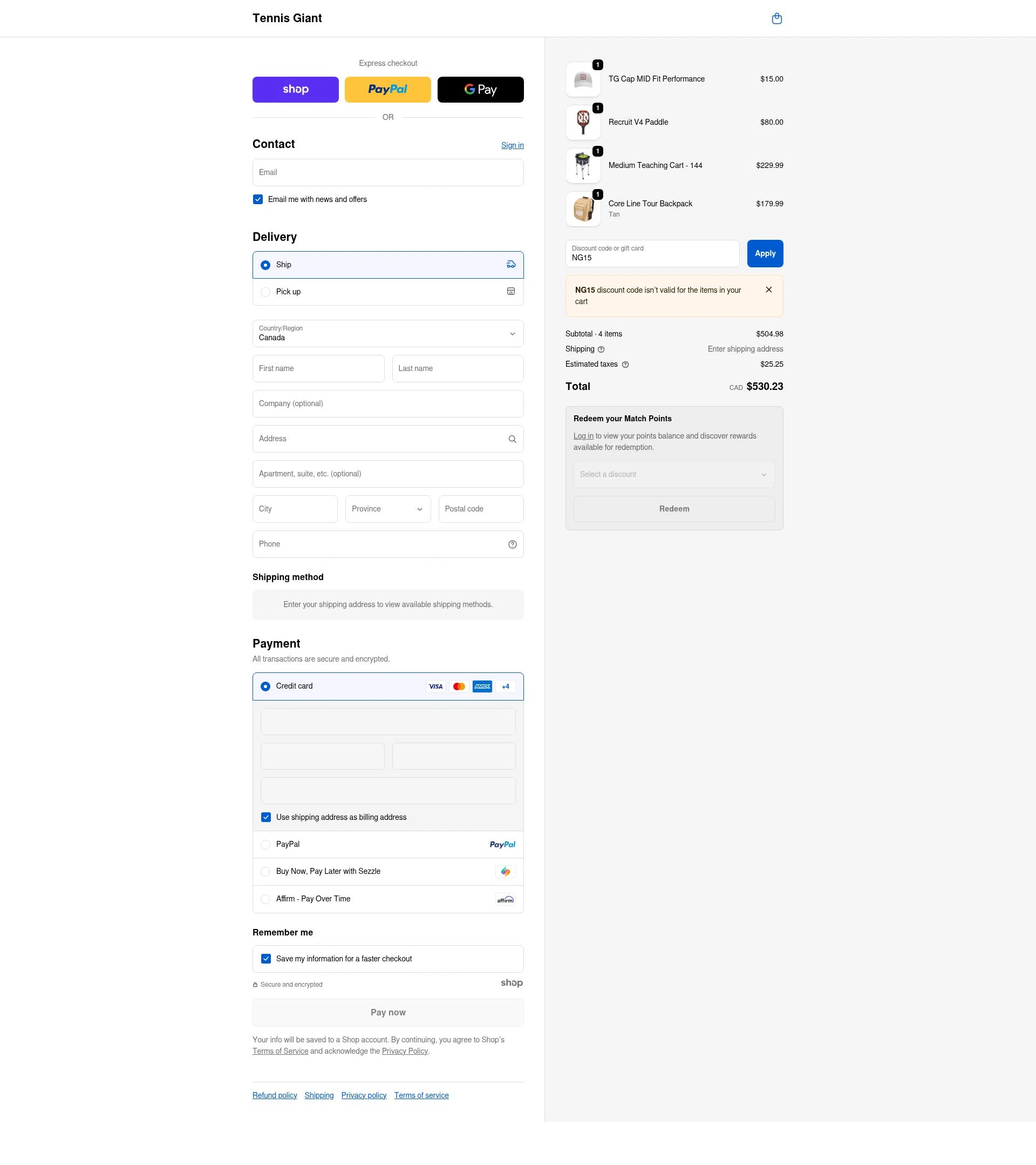 Tennis Giant checkout page showing Tennis Giant discount code box | Screenshot taken by SimplyCodes community member on Dec 14, 2025