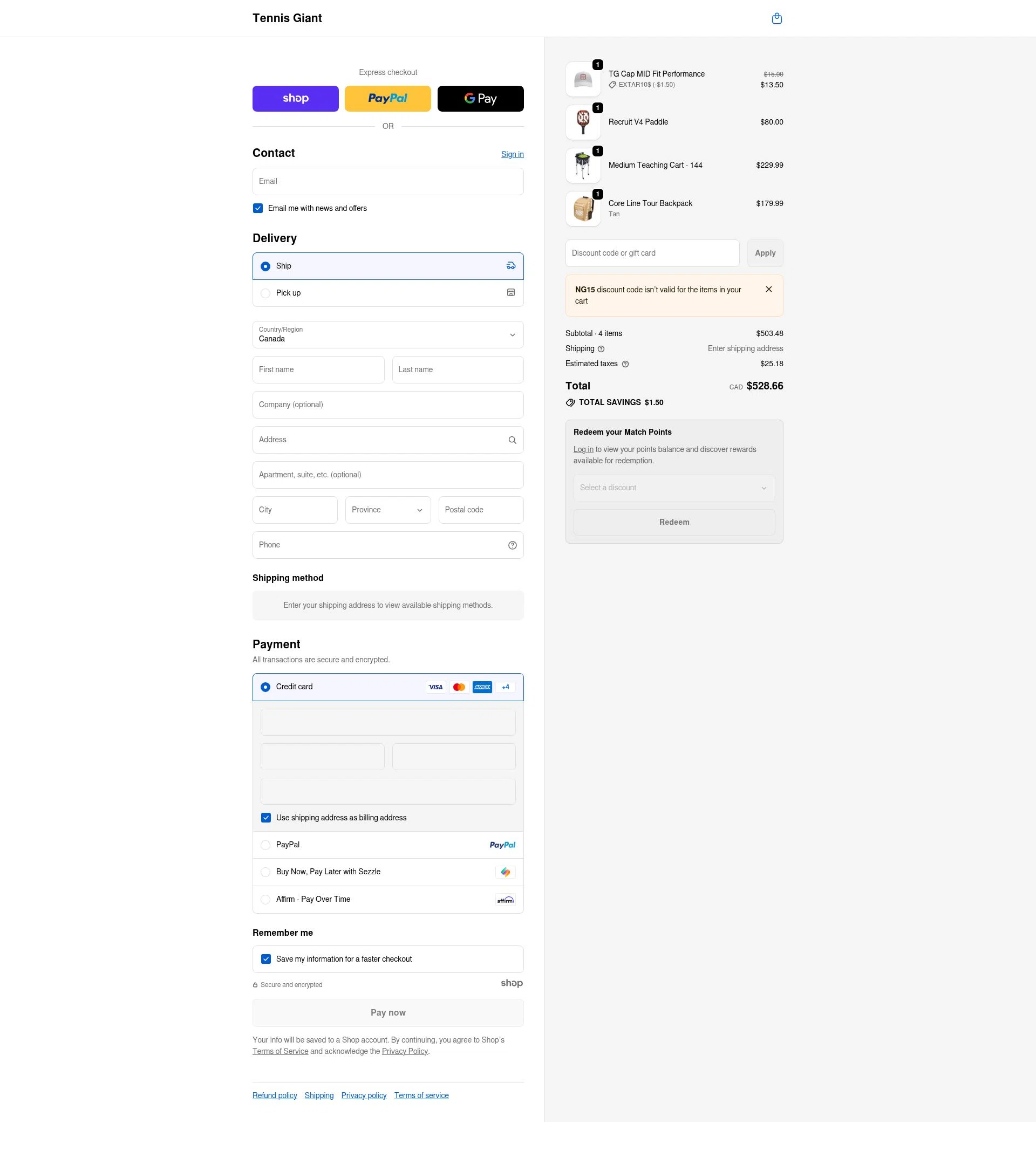 Tennis Giant checkout page showing Tennis Giant discount code box | Screenshot taken by SimplyCodes community member on Dec 26, 2025