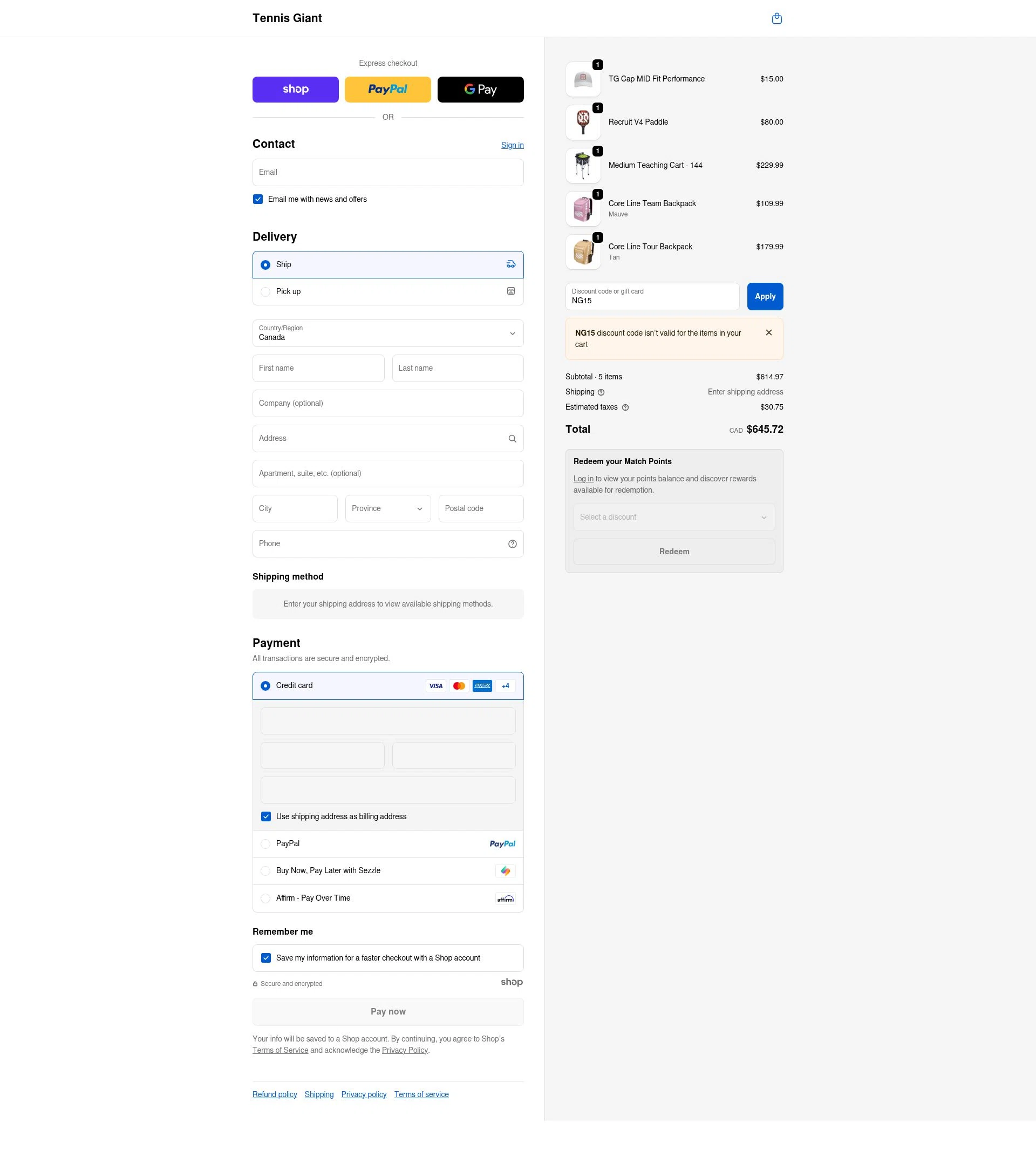 Tennis Giant checkout page showing Tennis Giant discount code box | Screenshot taken by SimplyCodes community member on Dec 8, 2025
