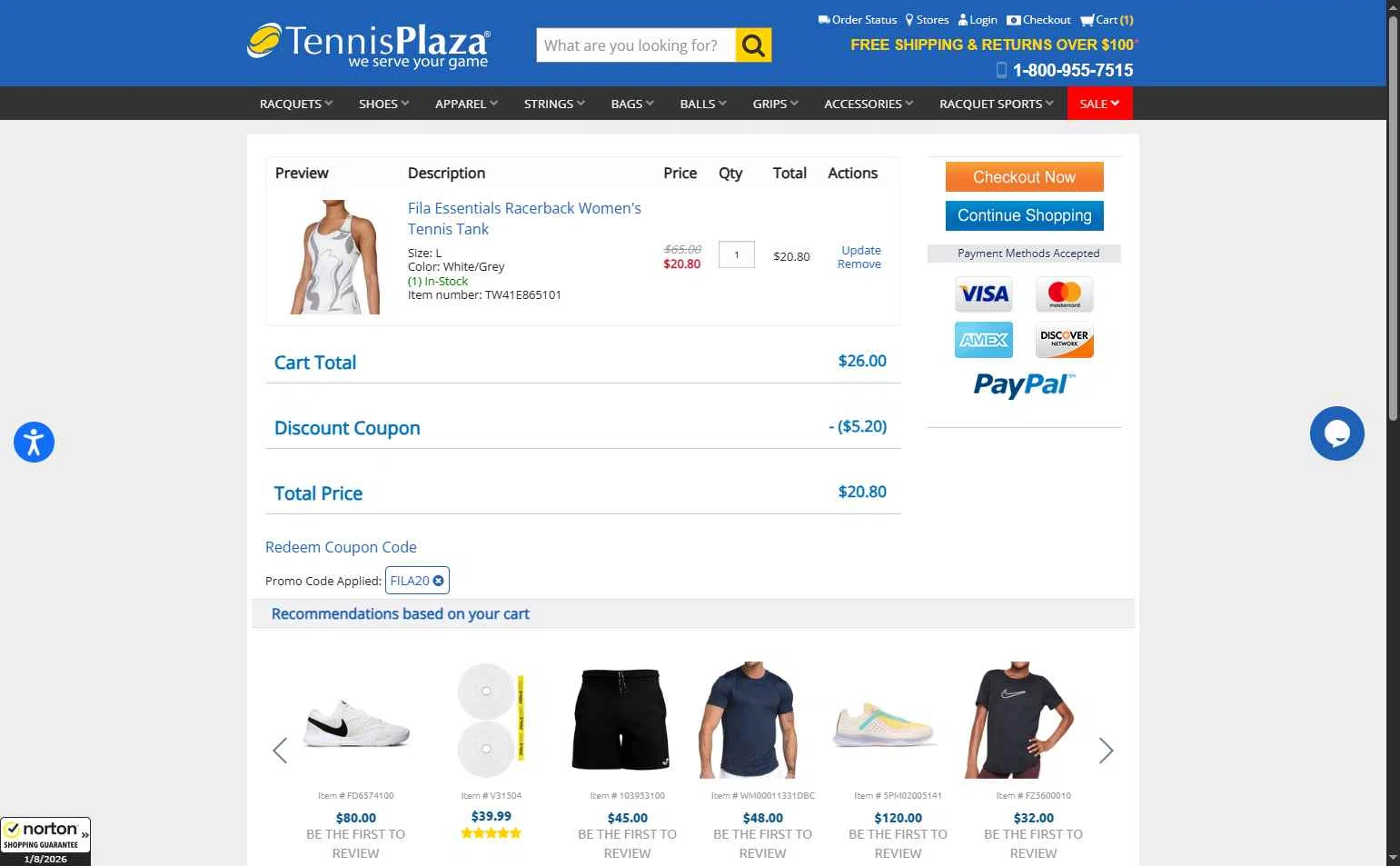 Tennis Plaza checkout page showing Tennis Plaza coupon code box | Screenshot taken by SimplyCodes community member on Jan 9, 2026