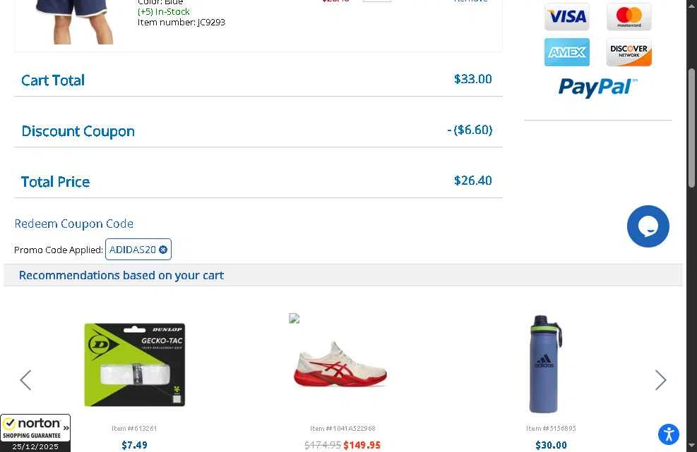 Tennis Plaza checkout page showing Tennis Plaza coupon code box | Screenshot taken by SimplyCodes community member on Dec 25, 2025