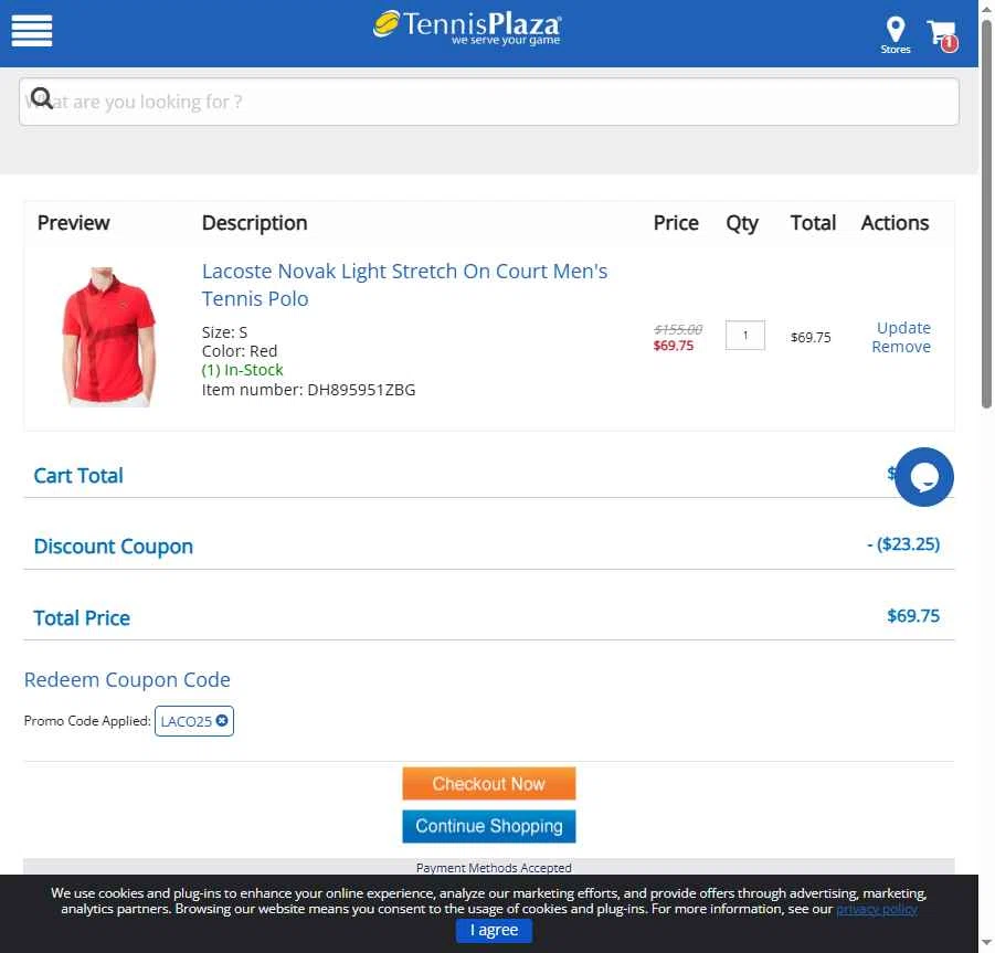 Tennis Plaza checkout page showing Tennis Plaza coupon code box | Screenshot taken by SimplyCodes community member on Nov 27, 2025