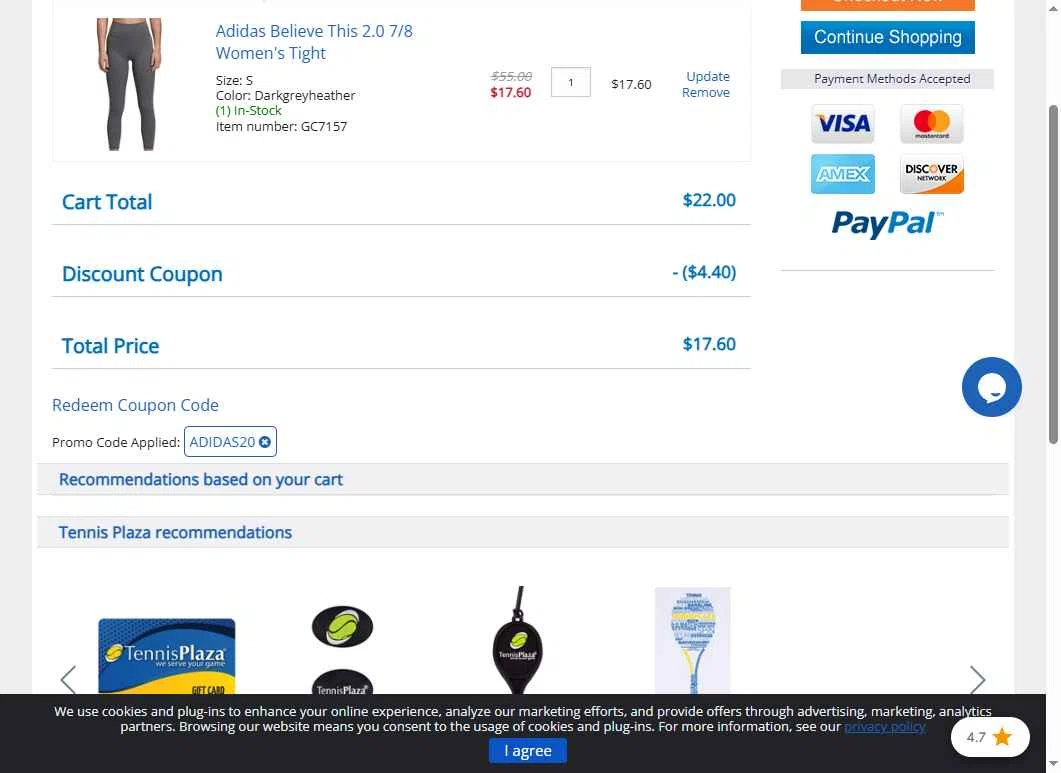 Tennis Plaza checkout page showing Tennis Plaza coupon code box | Screenshot taken by SimplyCodes community member on Nov 26, 2025