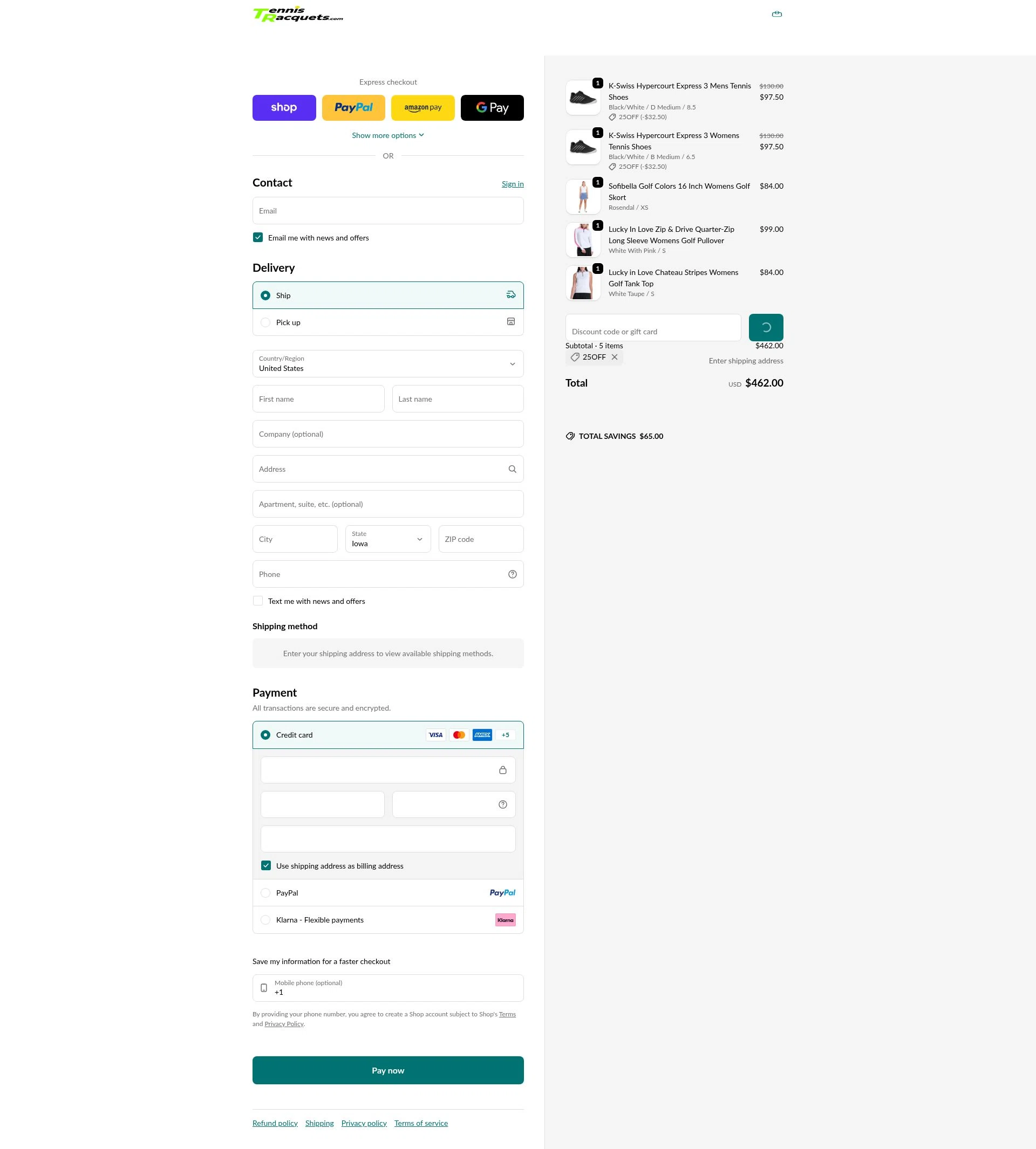 TennisRacquets.com checkout page showing TennisRacquets.com promo code box | Screenshot taken by SimplyCodes community member on Feb 11, 2026