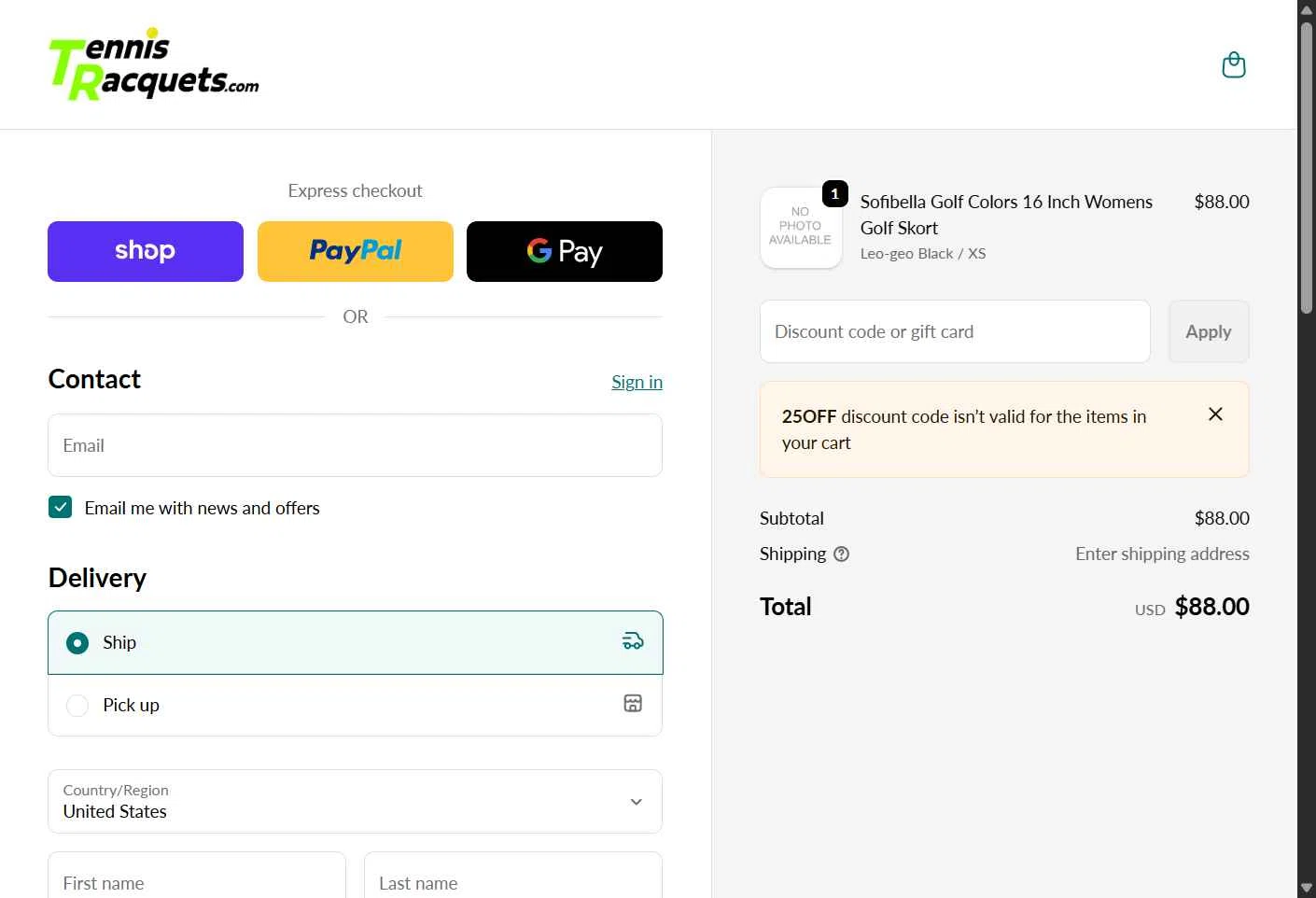 TennisRacquets.com checkout page showing TennisRacquets.com promo code box | Screenshot taken by SimplyCodes community member on Feb 7, 2026