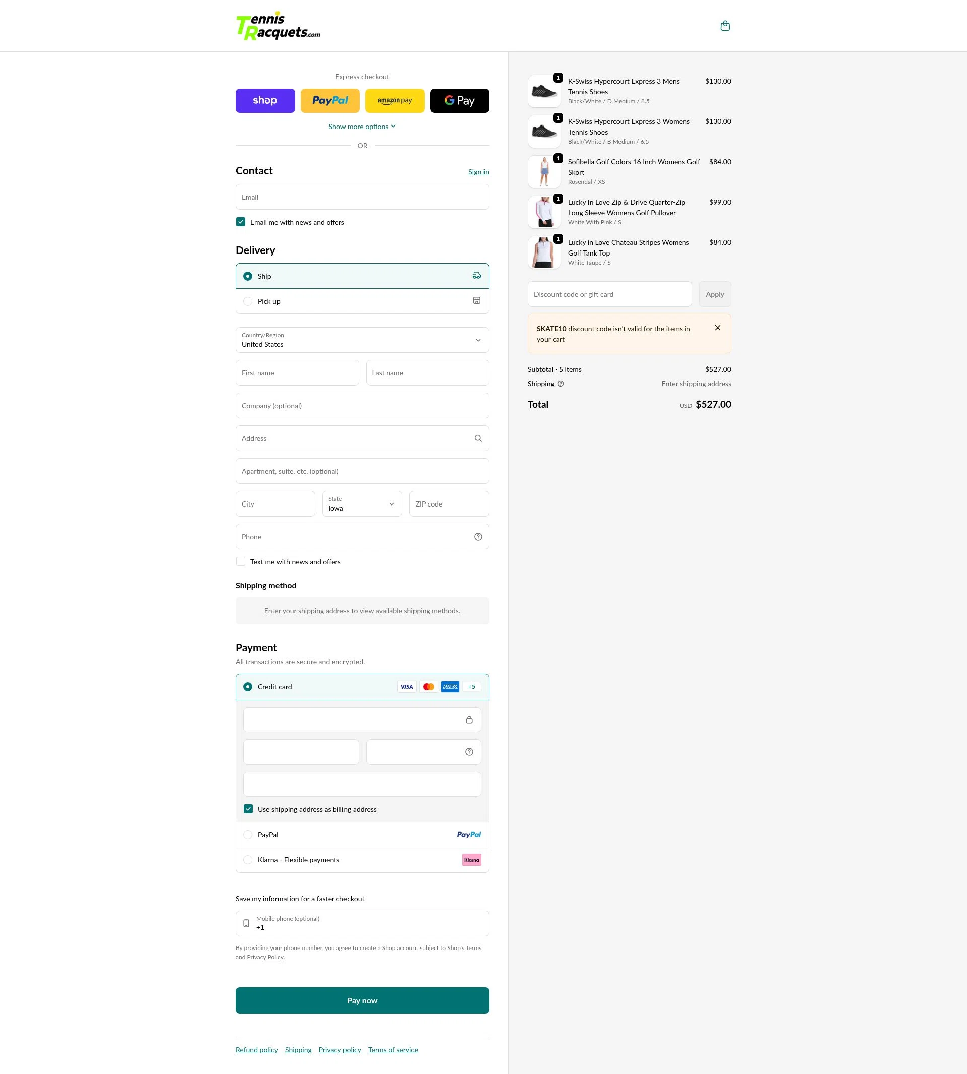 TennisRacquets.com checkout page showing TennisRacquets.com promo code box | Screenshot taken by SimplyCodes community member on Feb 15, 2026