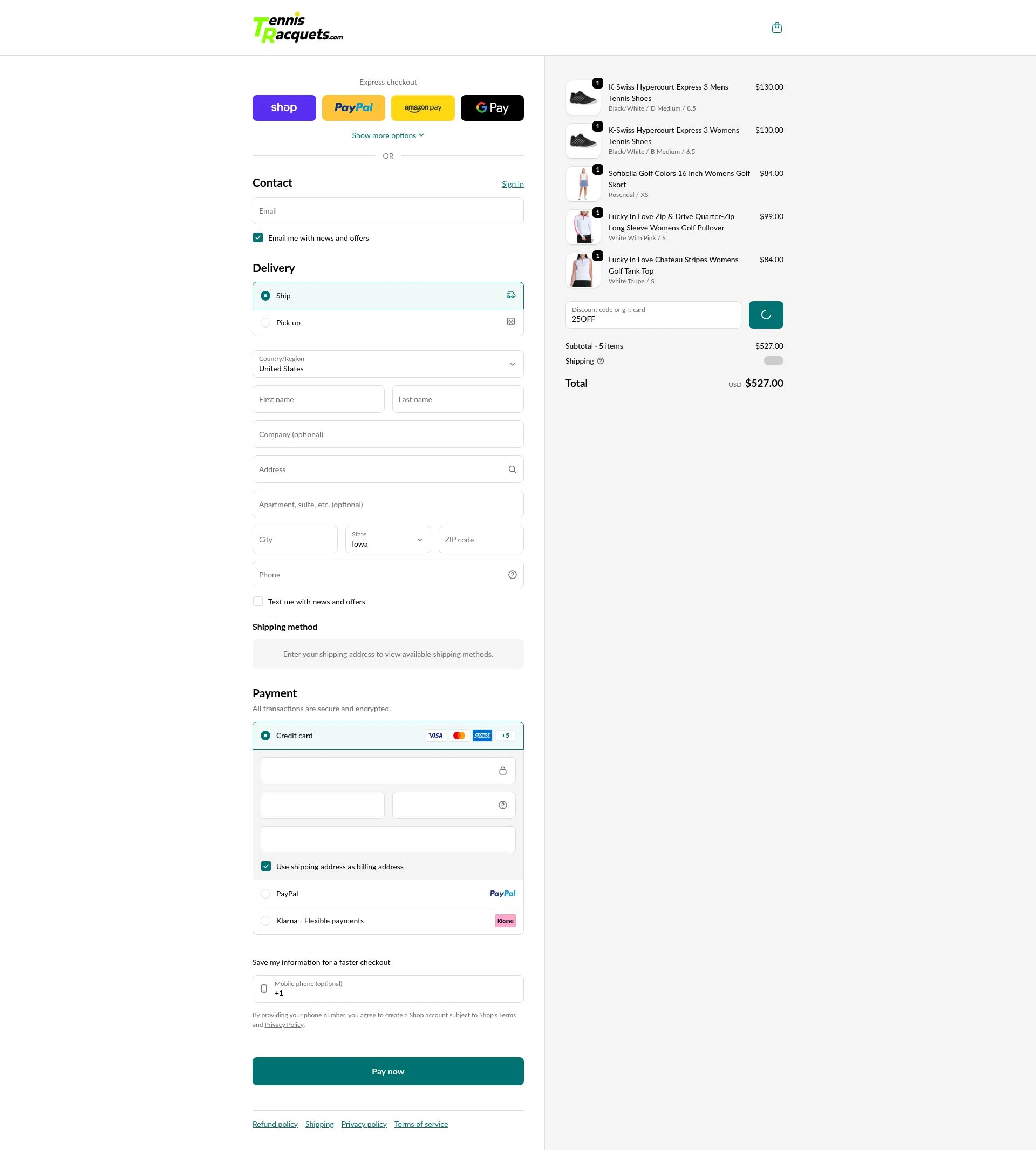 TennisRacquets.com checkout page showing TennisRacquets.com promo code box | Screenshot taken by SimplyCodes community member on Feb 15, 2026