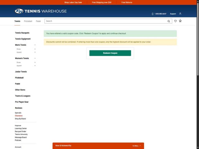 Tennis Warehouse checkout page showing Tennis Warehouse promo code box | Screenshot taken by SimplyCodes community member on Aug 26, 2025