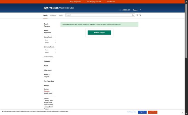 Tennis Warehouse checkout page showing Tennis Warehouse promo code box | Screenshot taken by SimplyCodes community member on Aug 23, 2025