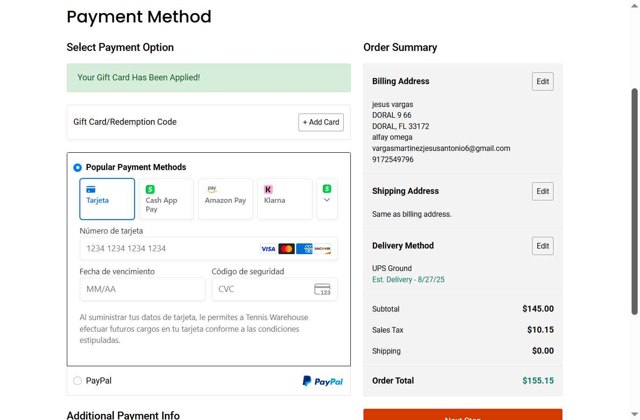 Tennis Warehouse checkout page showing Tennis Warehouse promo code box | Screenshot taken by SimplyCodes community member on Aug 25, 2025