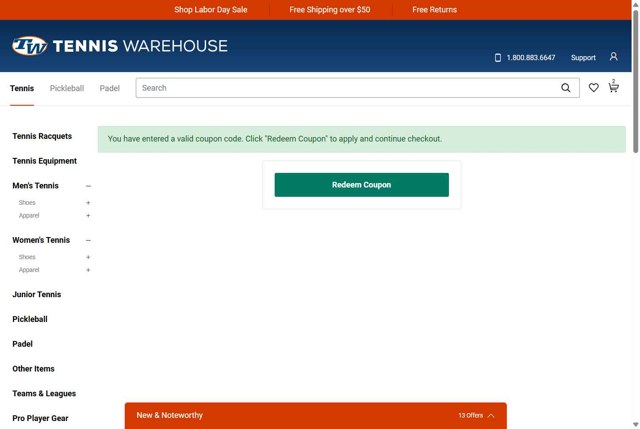 Tennis Warehouse checkout page showing Tennis Warehouse promo code box | Screenshot taken by SimplyCodes community member on Aug 29, 2025