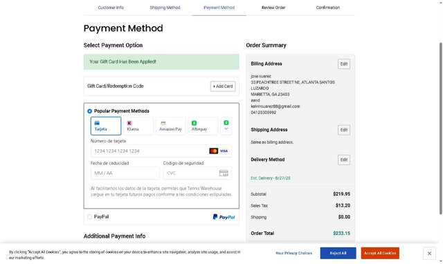 Tennis Warehouse checkout page showing Tennis Warehouse promo code box | Screenshot taken by SimplyCodes community member on Aug 25, 2025