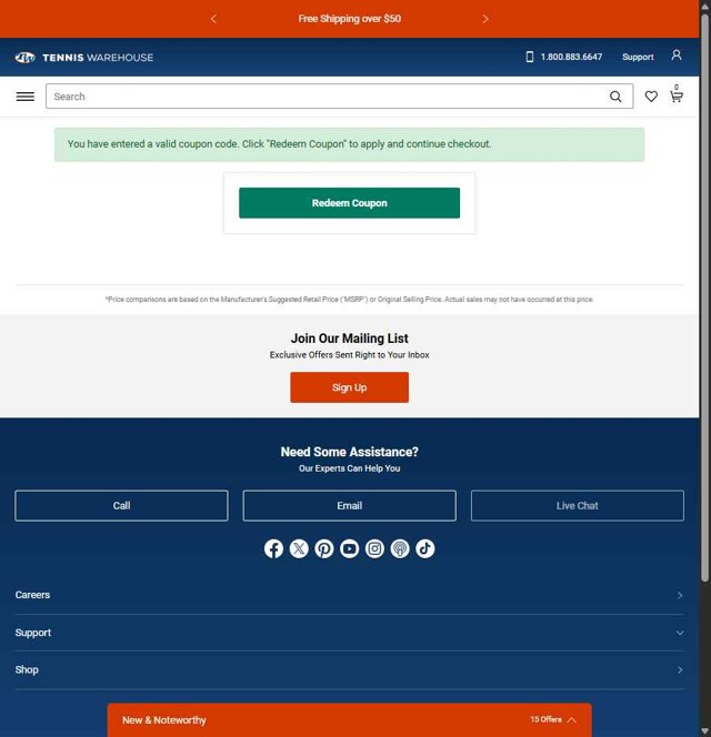 Tennis Warehouse checkout page showing Tennis Warehouse promo code box | Screenshot taken by SimplyCodes community member on Aug 25, 2025