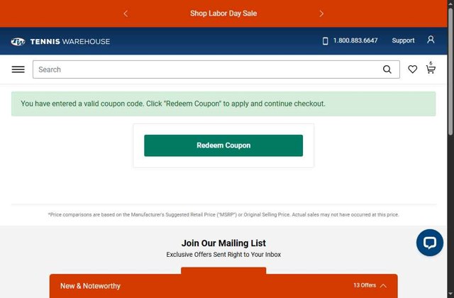 Tennis Warehouse checkout page showing Tennis Warehouse promo code box | Screenshot taken by SimplyCodes community member on Aug 27, 2025