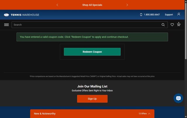 Tennis Warehouse checkout page showing Tennis Warehouse promo code box | Screenshot taken by SimplyCodes community member on Aug 20, 2025