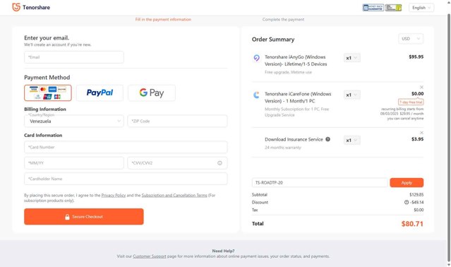 Tenorshare checkout page showing Tenorshare coupon code box | Screenshot taken by SimplyCodes community member on Aug 27, 2025