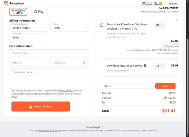 Tenorshare checkout page showing Tenorshare coupon code box | Screenshot taken by SimplyCodes community member on Aug 20, 2025