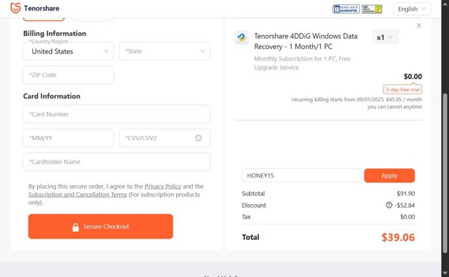 Tenorshare checkout page showing Tenorshare coupon code box | Screenshot taken by SimplyCodes community member on Aug 29, 2025