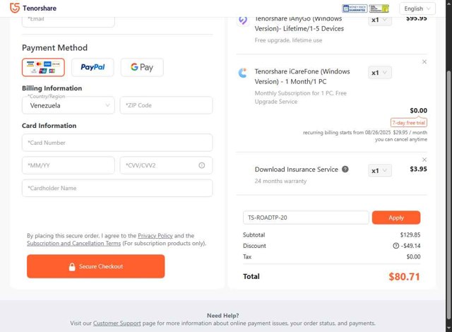 Tenorshare checkout page showing Tenorshare coupon code box | Screenshot taken by SimplyCodes community member on Aug 19, 2025