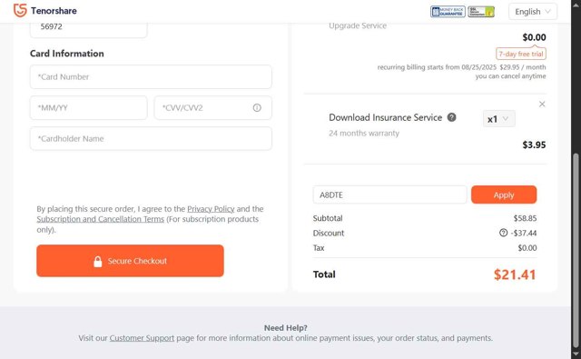 Tenorshare checkout page showing Tenorshare coupon code box | Screenshot taken by SimplyCodes community member on Aug 18, 2025